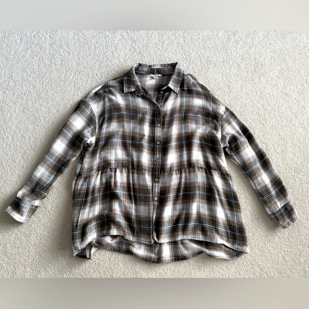 American Eagle AE Oversized Babydoll Peplum Green Brown Flannel Shirt XS